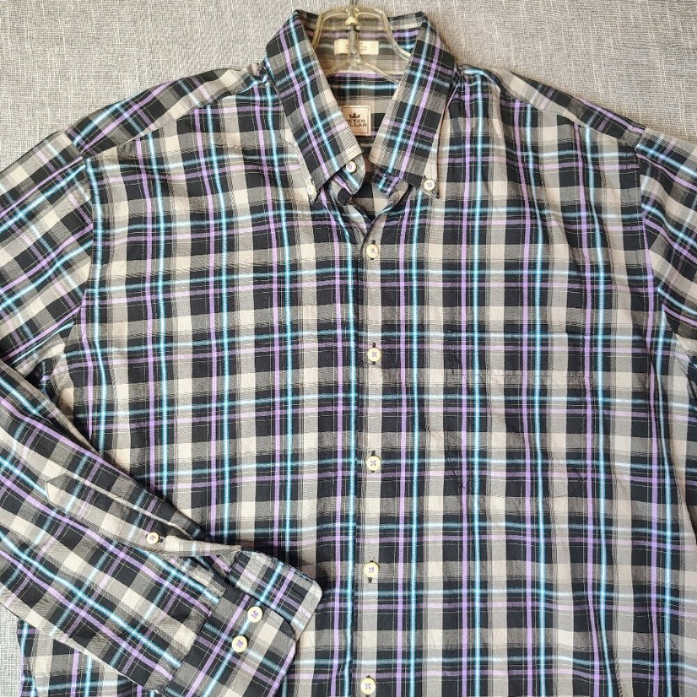 Peter Millar Shirt Mens Size Large Gray Black Purple Plaid Button Down Crown